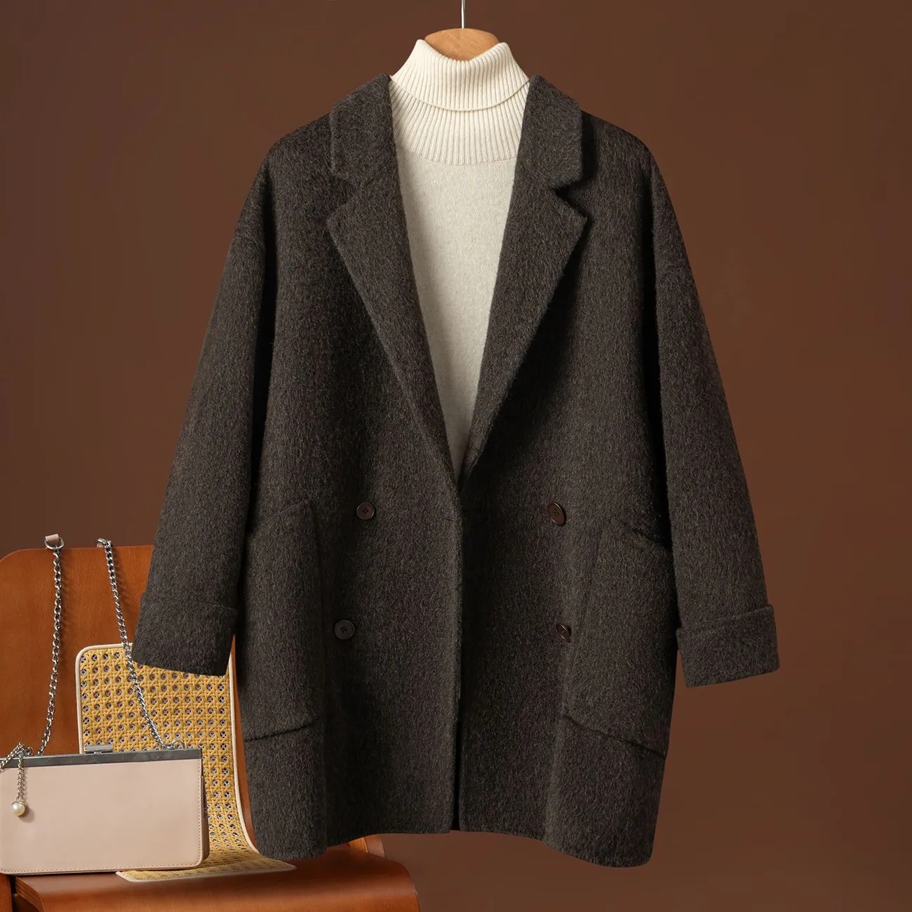 Manteau en cachemire double face pour femme, style britannique, coupe ample, vêtement d'extérieur en laine, style coréen, veste pour femme, automne-hiver
