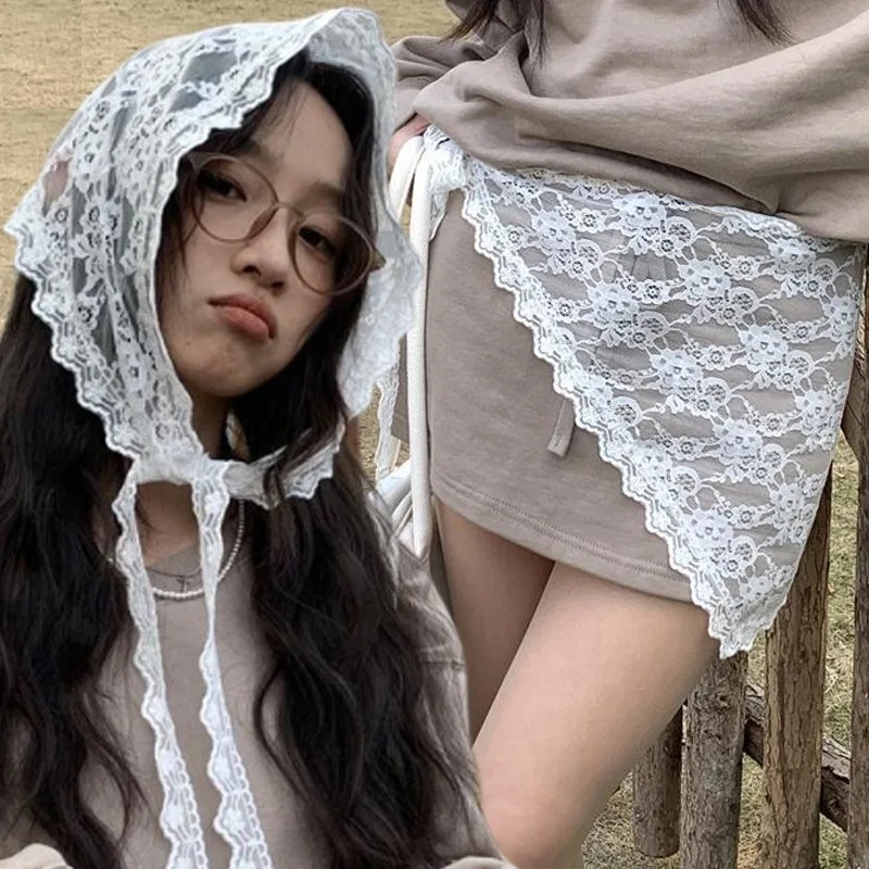 Femmes coréennes dentelle Triangle une pièce ceinturée chevauchement foulard jupe en dentelle tablier garniture coréenne demi-jupe jupe courte rideau de fesses