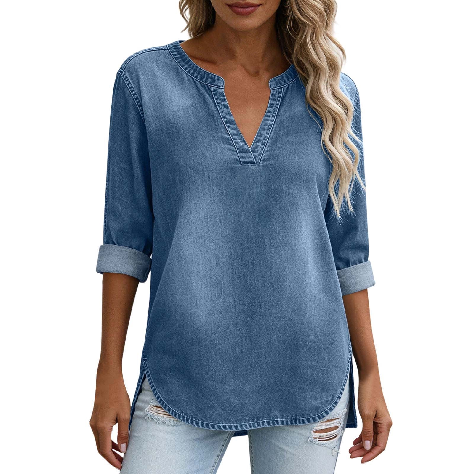 Chemisier en jean tendance pour femme, style vintage délavé, col en V, manches 3/4, hauts décontractés pour le travail, tunique fendue sur le côté, blouses amples pour le bureau