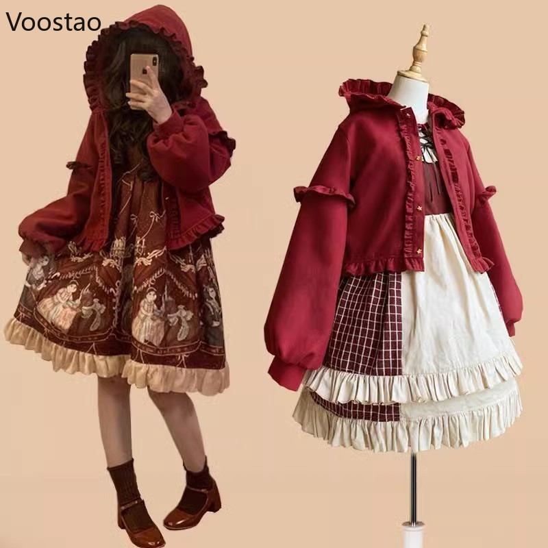 Doux Lolita femmes veste japonais Kawaii à capuche volants manteau Vintage automne hiver hauts vêtements d'extérieur chauds vestes de mode japonaise