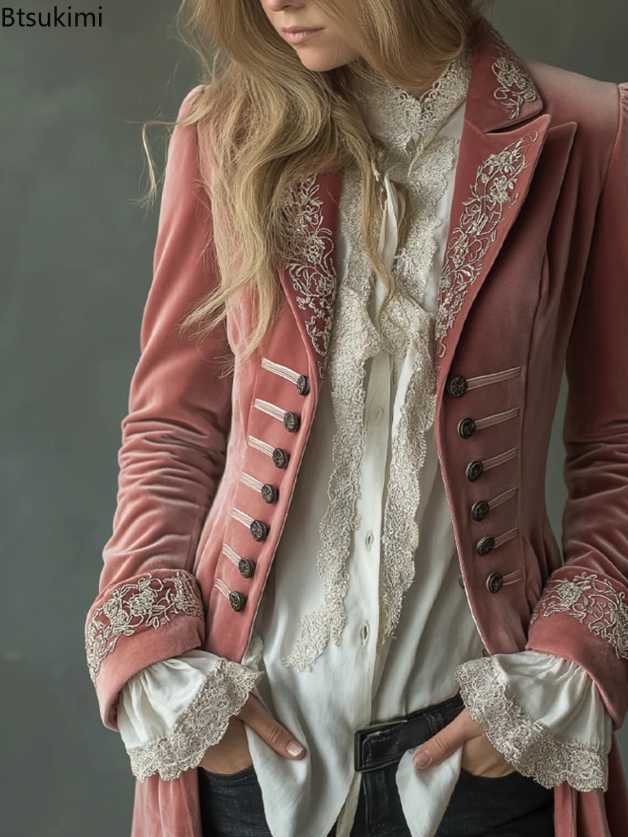 Manteau long élégant en velours pour femme, à manches longues, couleur unie, avec dentelle, revers, double boutonnage, taille mi-haute élastique, automne-hiver