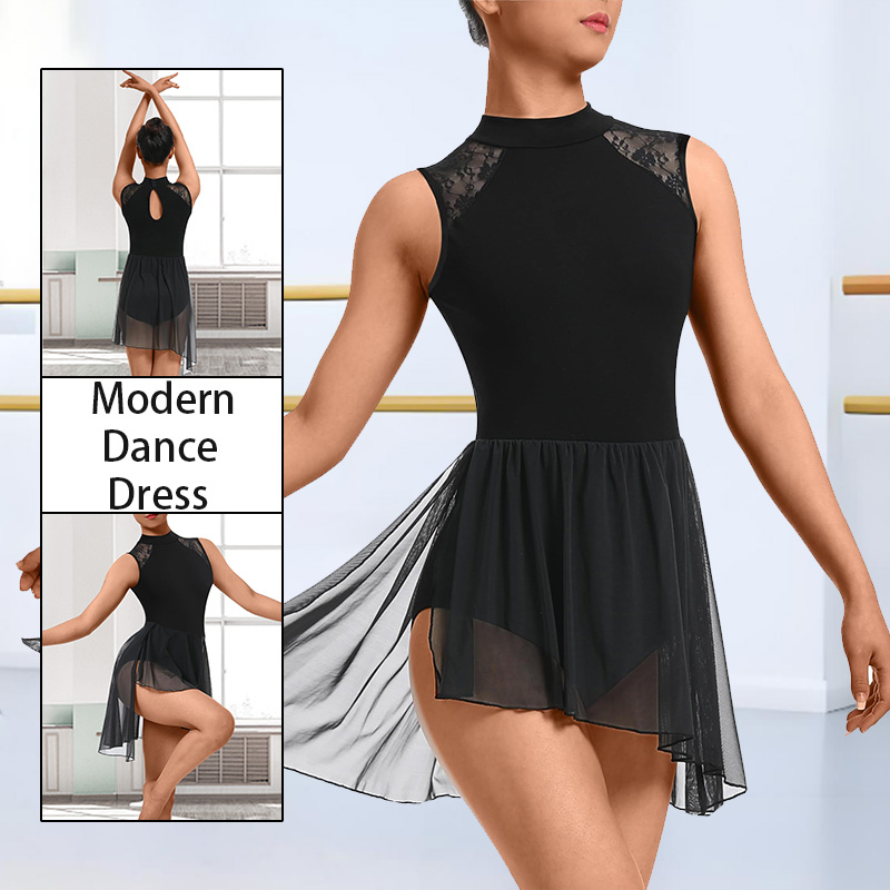 Robe de danse moderne lyrique à manches courtes pour femmes, avec jupe asymétrique en maille haute et basse et doublure douce, robe justaucorps Camisole