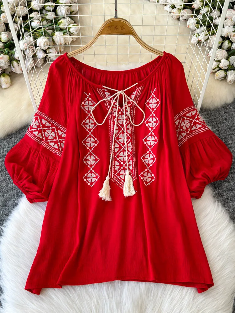 Chemisier d'été pour femme, style ethnique vintage, brodé, chemise à manches courtes pour voyage, en coton et lin, nouveau modèle BL033