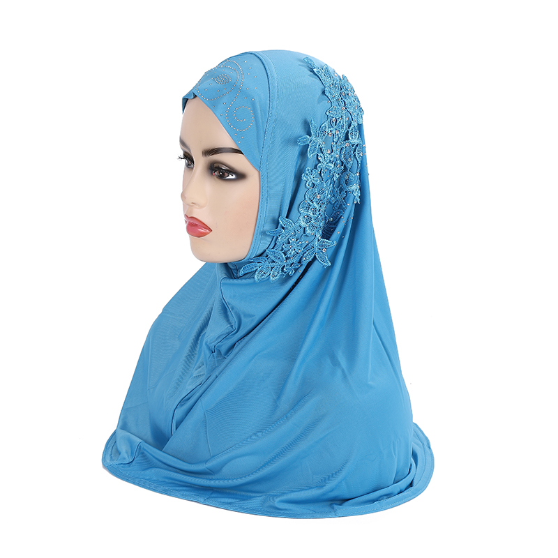 H027 Magnifique Hijab Musulman pour Adolescentes avec Dentelle et Pierres, Écharpe Islamique, Châle, Foulard, Chapeau Armia, à Enfiler, Cadeau de Ramadan