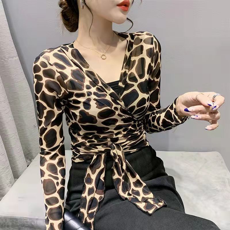 Robes de soirée vêtements de danse latine haut femmes col en v motif léopard pansement maille danse latine pratique haut danse vêtements d'entraînement