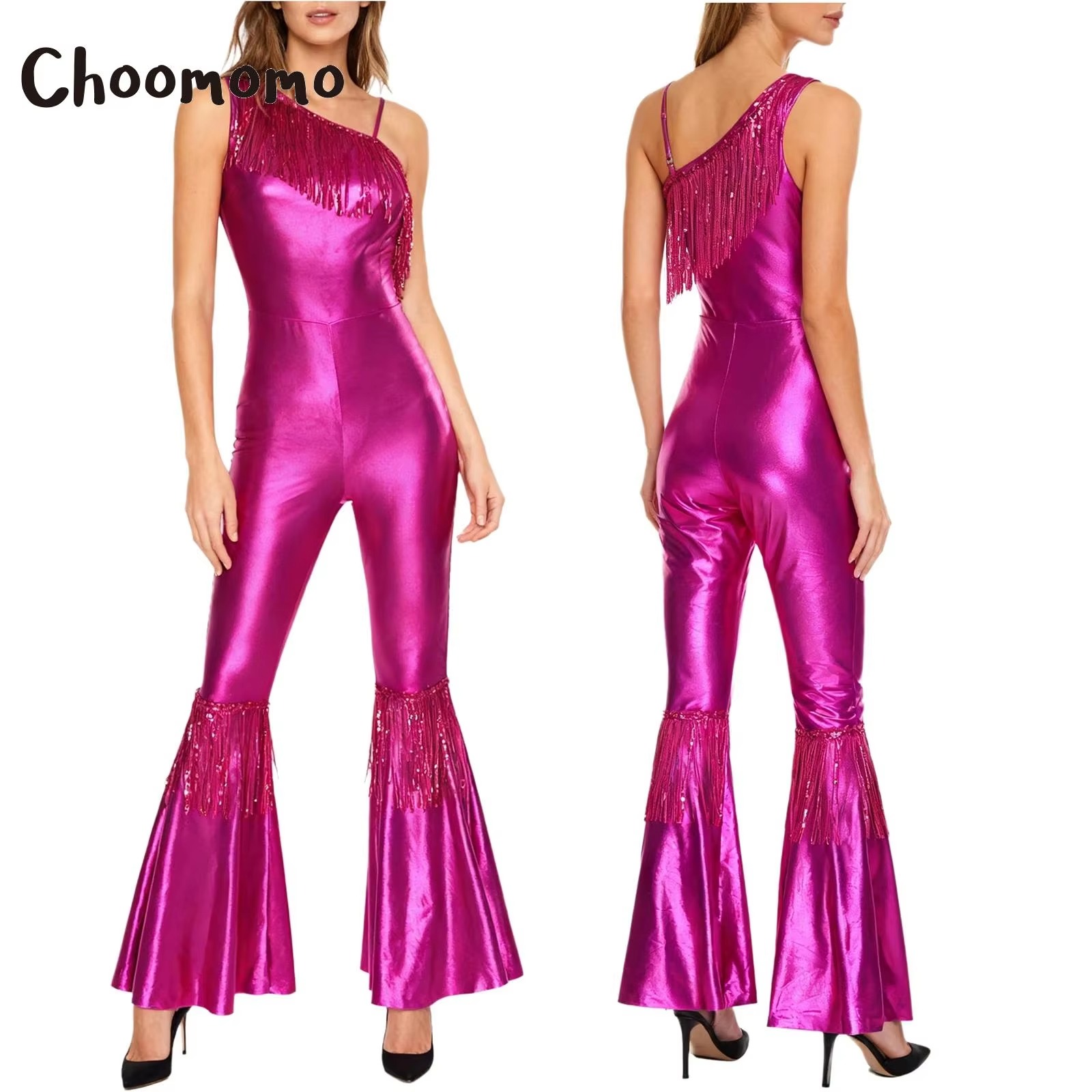 Combinaison de danse Disco Vintage pour femmes, années 70 et 80, glands à paillettes, asymétrique épaule dénudée, Hippie, bas de cloche, body métallique brillant, barboteuse de Jazz