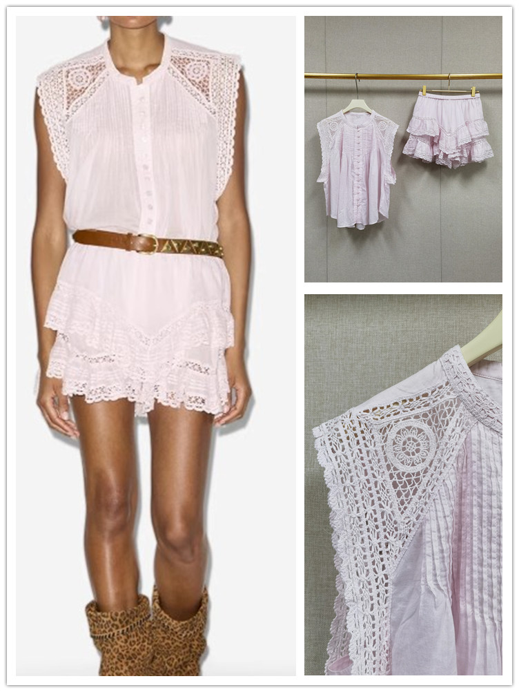 Chemise sans manches en coton ajouré pour femmes, chemisier plissé à simple boutonnage ou jupe short à volants superposés à taille élastique