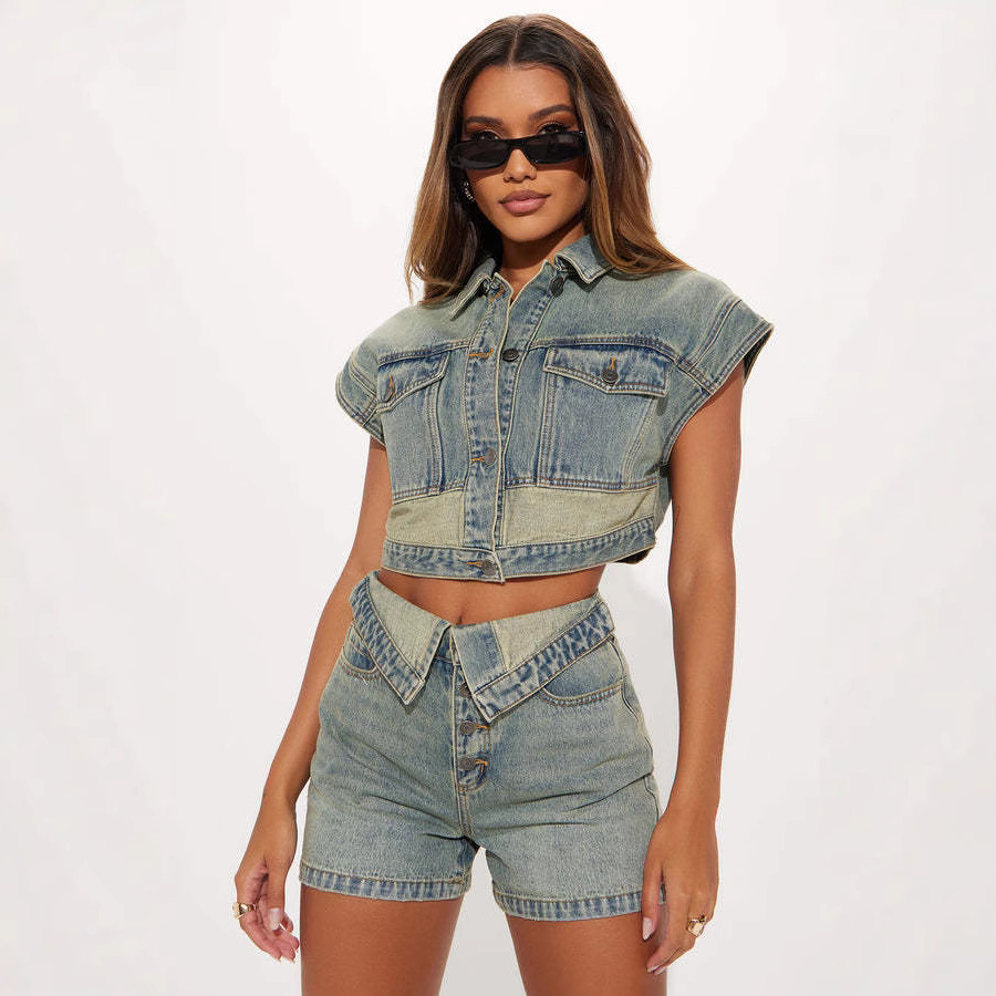 Ensembles Shorts femmes Denim 2 pièces costume haut jean Ensemble été 2025 simple boutonnage col rabattu pantalons courts tenues Vintage