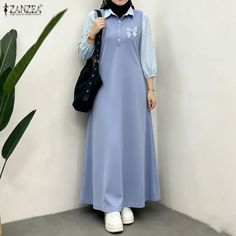 ZANZEA – Abaya pour femmes musulmanes, robe longue maxi, demi-boutons, col à revers, manches bouffantes, patchwork, mode islamique modeste, robes femme