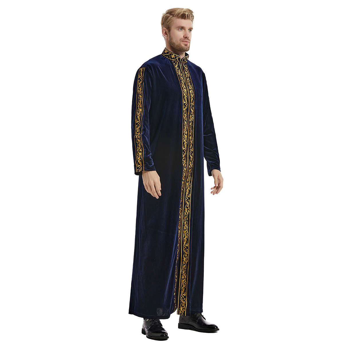 Robe musulmane du Moyen-Orient pour hommes, robe brodée en velours doré, robe de prière islamique arabe, costume national, haut à manches longues de luxe noble