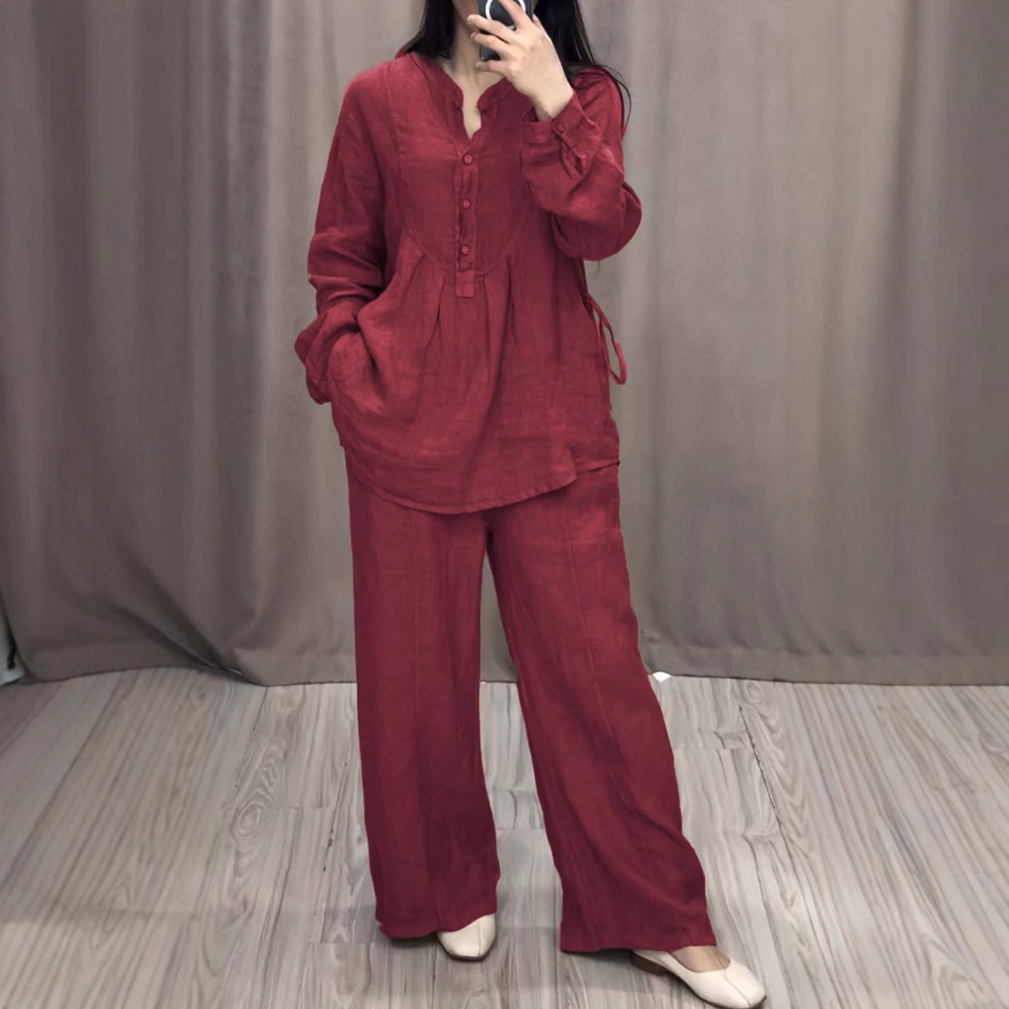Ensemble 2 pièces musulman pour femmes, chemisier, haut, pantalon à jambes larges, bouton à lacets, tenues islamiques de dubaï, pantalon droit, Ensemble 2025