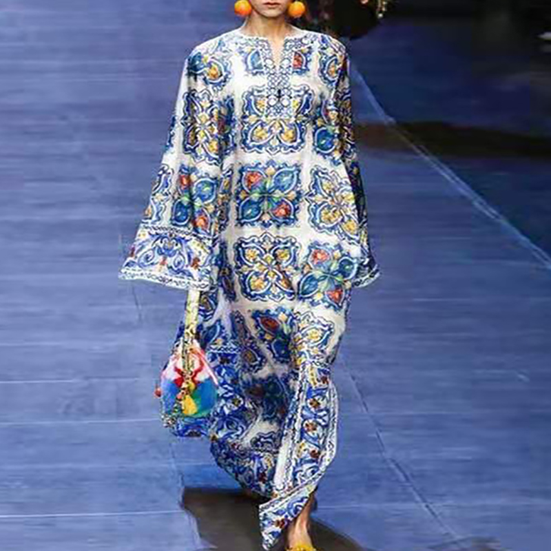Robe bohème à manches longues pour femmes, motif vintage imprimé, taille haute, décontracté, fente latérale, robes de plage, nouveau, 2025