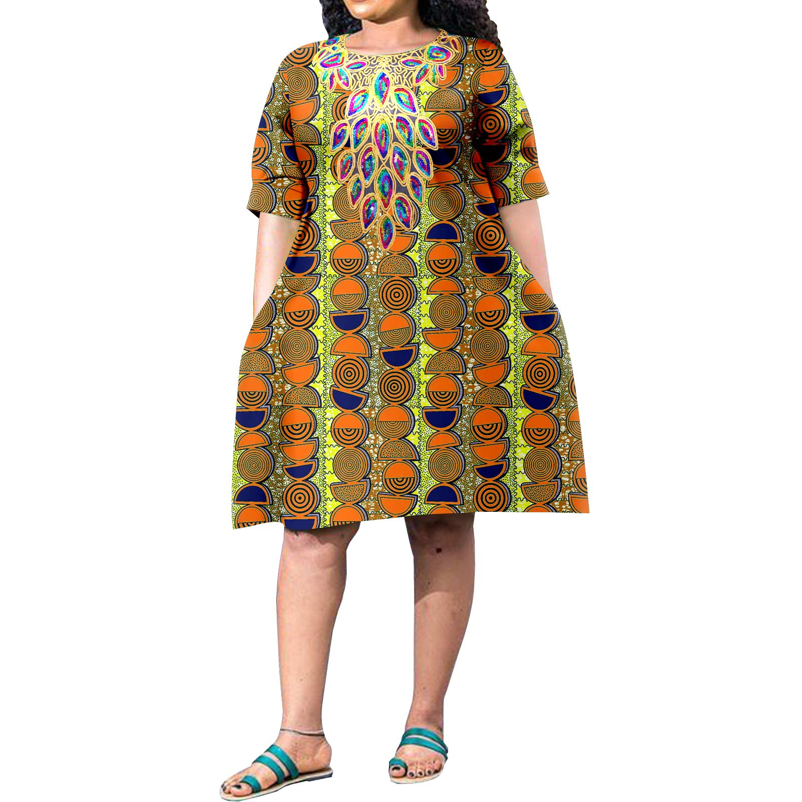 Robe africaine grande taille pour femmes, estampage coloré avec accessoires, décontractée, manches courtes, tissu imprimé de voyage, robe au genou A2225153