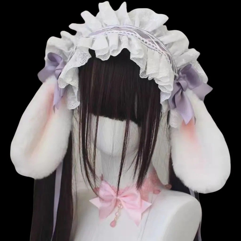 Serre-tête gothique avec oreilles de lapin et nœud, style Harajuku Gothic Lolita Y2K, pour fille, avec dentelle et volants, style punk