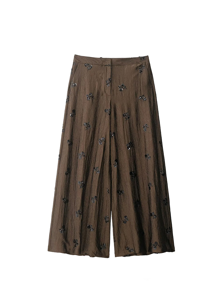 Ensemble 2 pièces d'été pour femme, haut cache-cœur marron à sequins floraux et pantalon large taille haute, tenue décontractée élégante style streetwear
