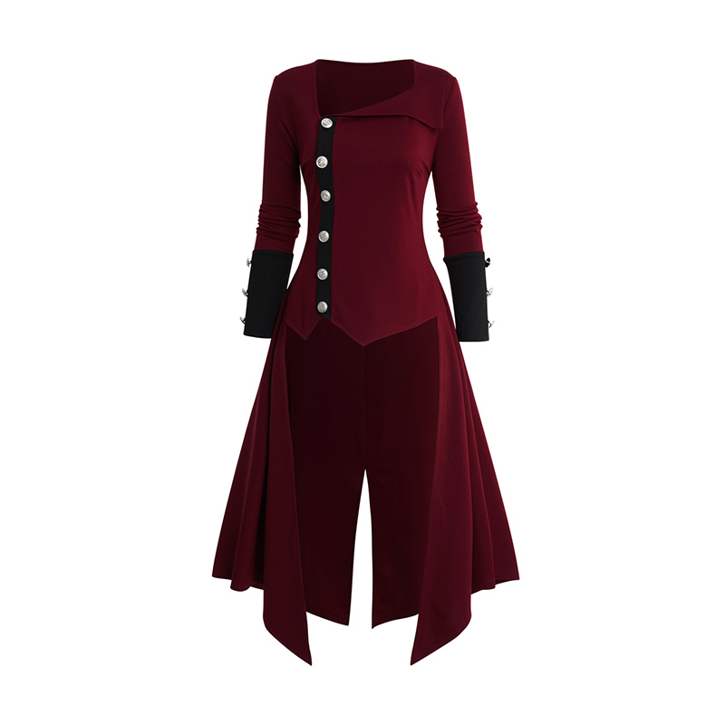 Fur sNuremberg-Manteau rouge pour femme, col rabattu asymétrique en Y, boutons complets, bicolore, haut bas, automne, hiver, 2024