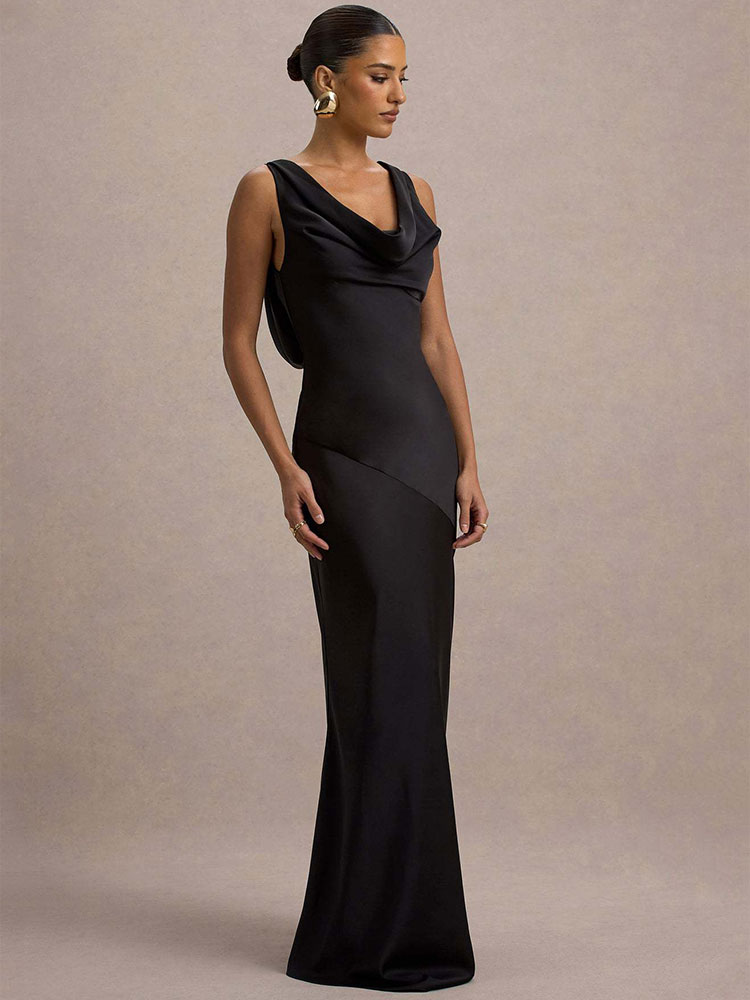 GACVGA Satin élégant Maxi Robe de soirée femmes sans manches mince Robe robes Sexy moulante Club fête longues robes Vestido