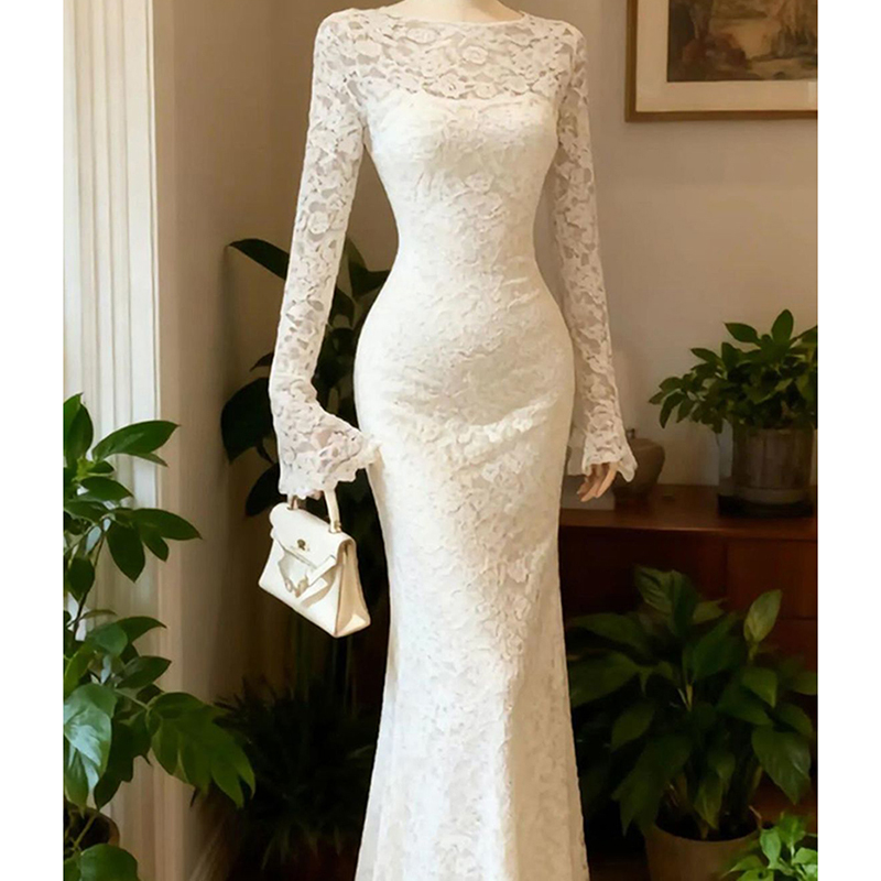 Robe élégante en dentelle française pour femmes, manches longues, robe en crochet douce et fine, robe de soirée blanche transparente, robe de soirée chic, vestidos féminins
