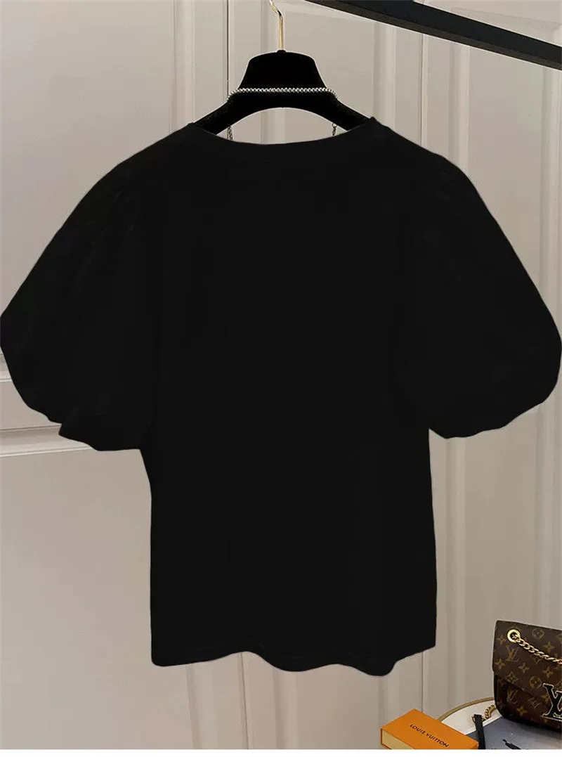 Mujer coton T-shirts pour femmes T-shirts d'été manches bouffantes col rond T-shirts hauts surdimensionnés mode doux blanc T-shirts