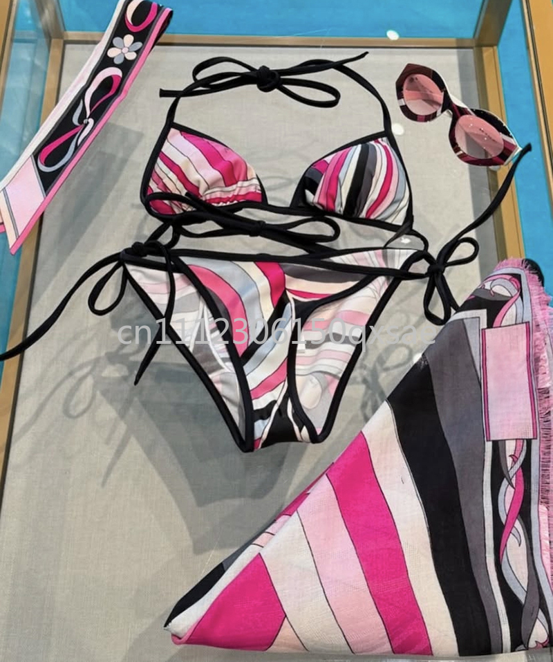 Ensembles de bikini classiques pour femmes avec bandeau et logo signature, collection de créateur, sexy, avec foulard, pour la plage
