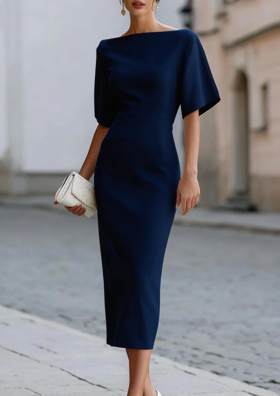 Robe de soirée élégante à col bateau et manches mi-longues, taille ajustée, longueur midi