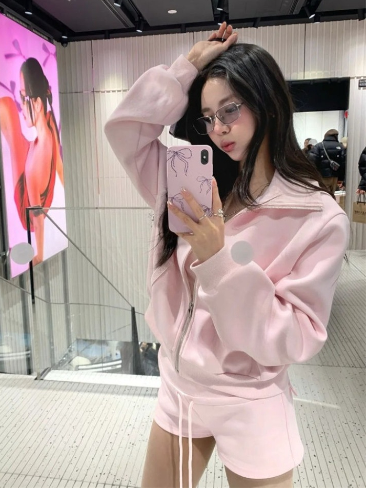 Ensemble 2 pièces décontracté rose de Style coréen pour femmes, veste à capuche avec fermeture éclair + short droit taille haute, Harajuku Chic, Streetwear, nouveau