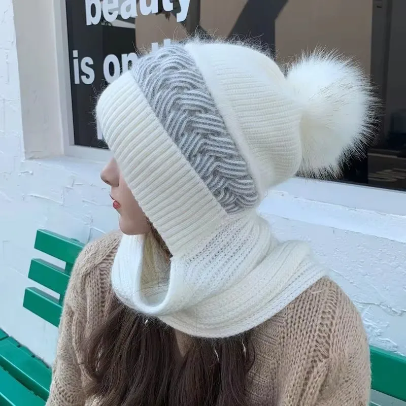 Bonnet et écharpe tout-en-un pour femme, bonnet rembourré pour le cou, protection des oreilles, cheveux de lapin chauds, mignon, résistant au froid, cyclisme, hiver
