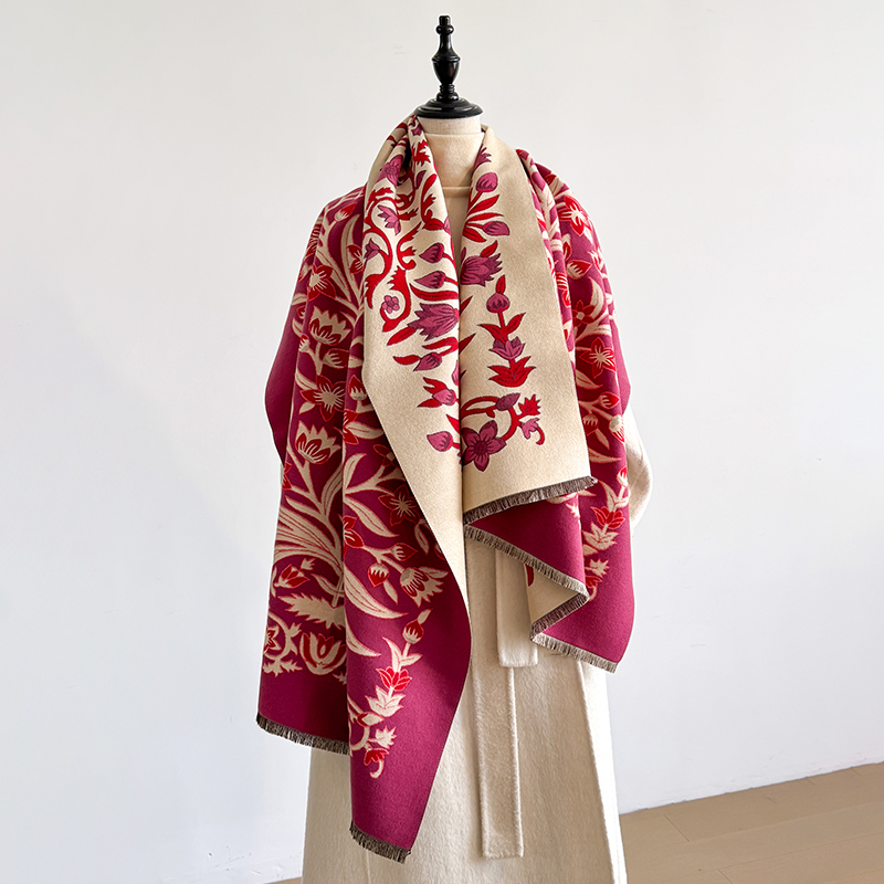 Châle Pashmina Jacquard Floral élégant pour femmes-hiver épais chaud Double face gland conception résistant au froid coupe-vent couverture écharpe