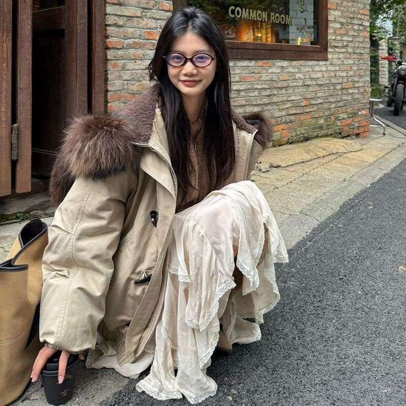 Hiver 2026 Nouvelle Veste Chaude en Coton Matelassé pour Femmes, Chic, à Capuche en Corne, Grand Col en Fourrure, Manteau Parka, Doudoune, Vêtement d'Extérieur Rembourré en Coton