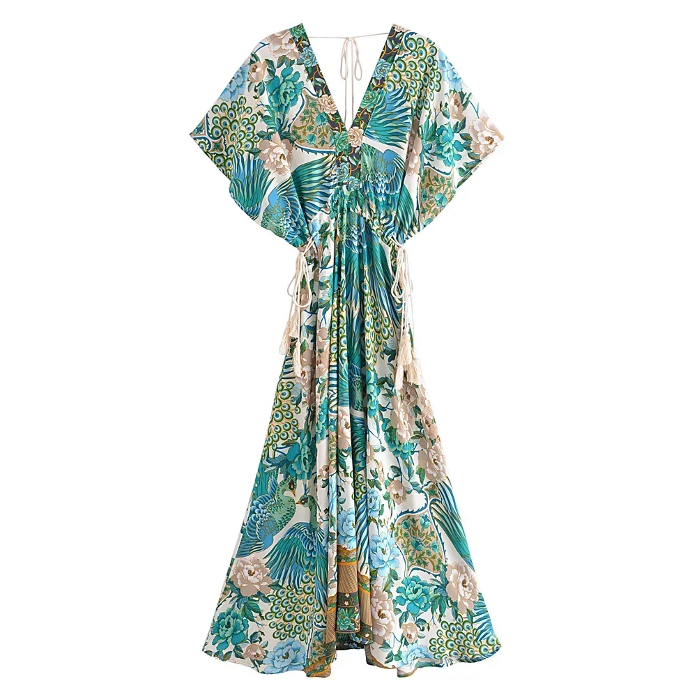 Boho Queens Women Peacock Floral Print Bat Sleeve Beach Bohemian Maxi Dresses Ladies V Neck Tassel Summer Rayon Dress