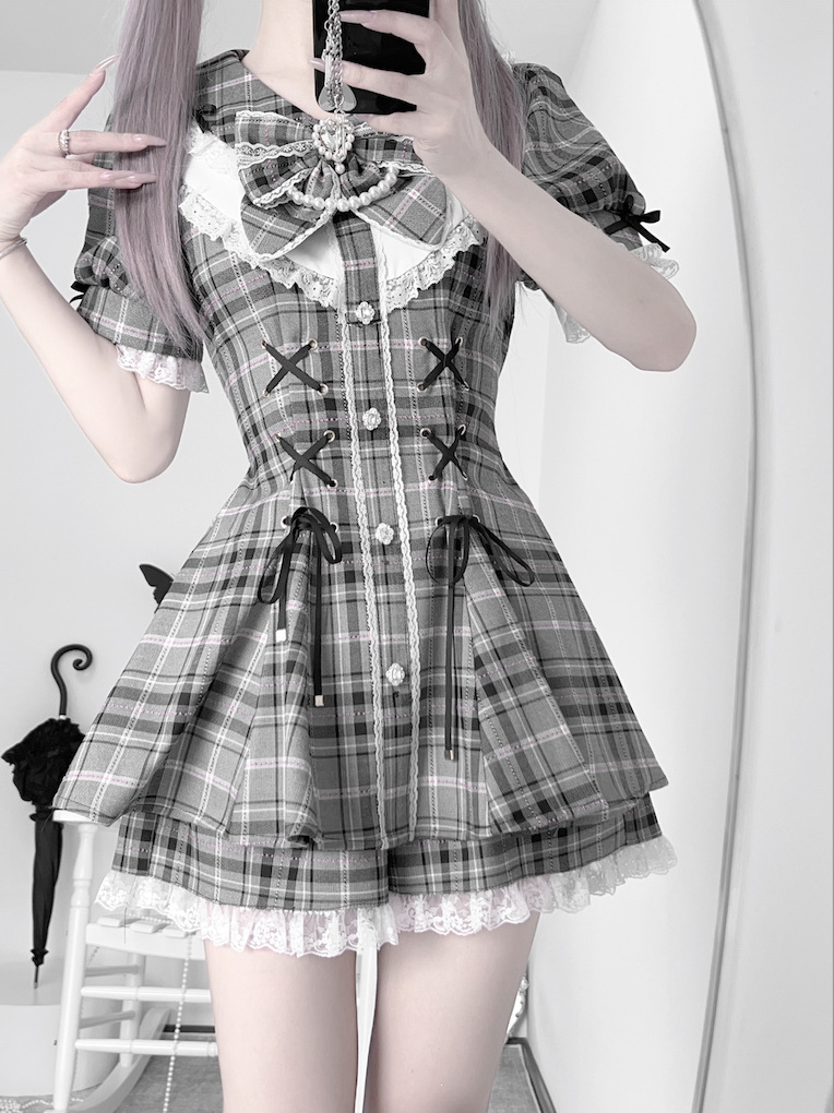 Robe Lolita style Jirai Kei Kawaii avec nœud pour femme, jupe Y2K noire et rose, tenue à manches courtes en dentelle, uniforme scolaire japonais