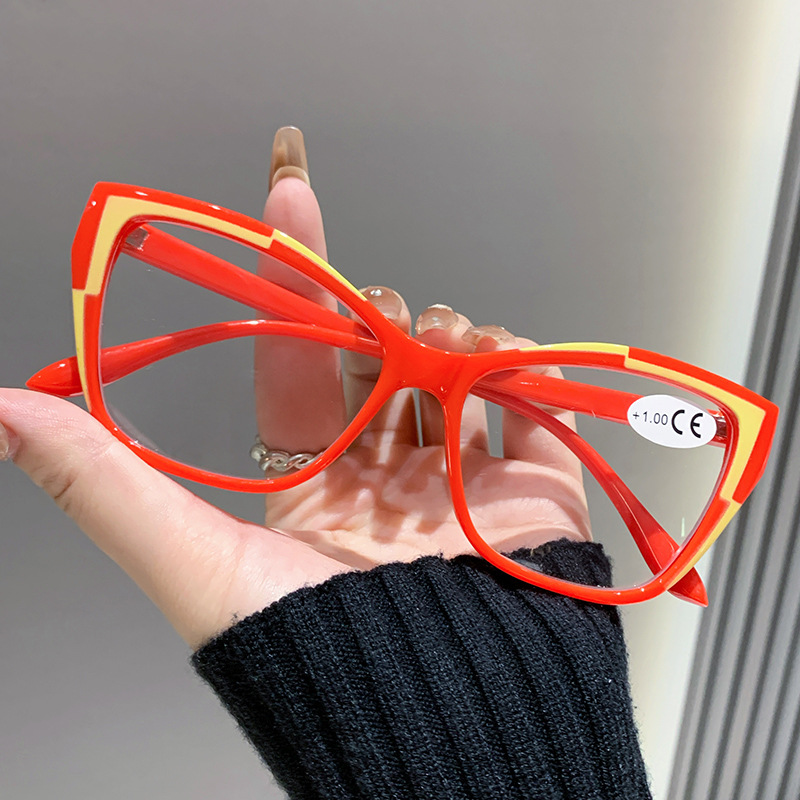 Lunettes de lecture œil de chat élégantes pour femmes, Design bloc de couleur à la mode, Anti-lumière bleue, lunettes de force 1.0 à 4.0