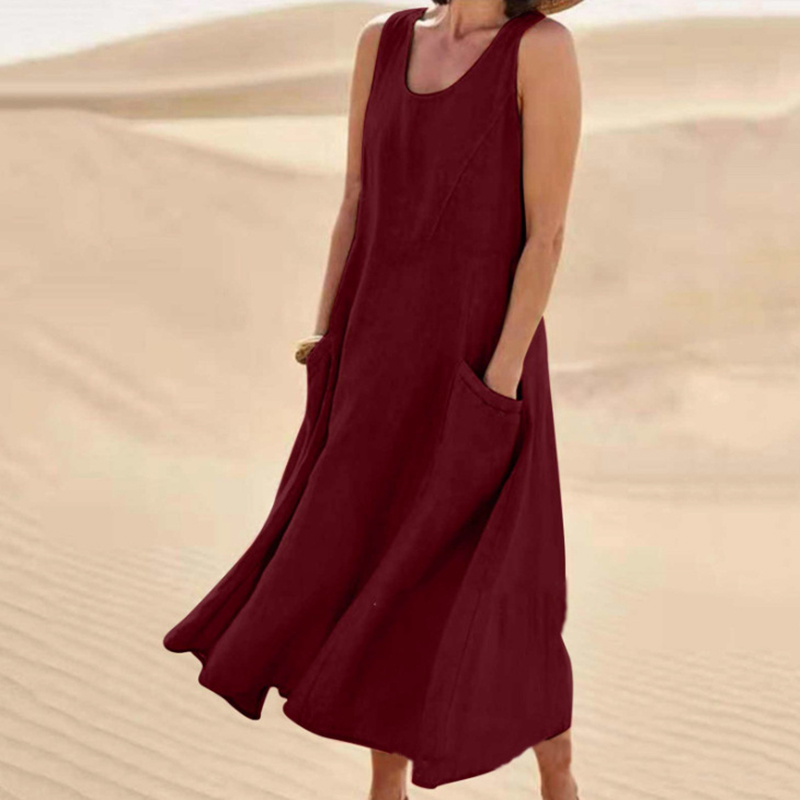 Robe longue décontractée d'été pour femme, style vintage Harajuku, sans manches, coupe trapèze, en coton et lin, couleur unie, col rond, avec poches, coupe ample