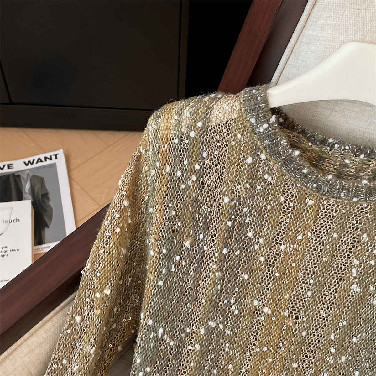 Pull ample tricoté à paillettes scintillantes pour femmes, pull à manches longues et col rond, haut en tricot, tendance, Style de rue, printemps automne