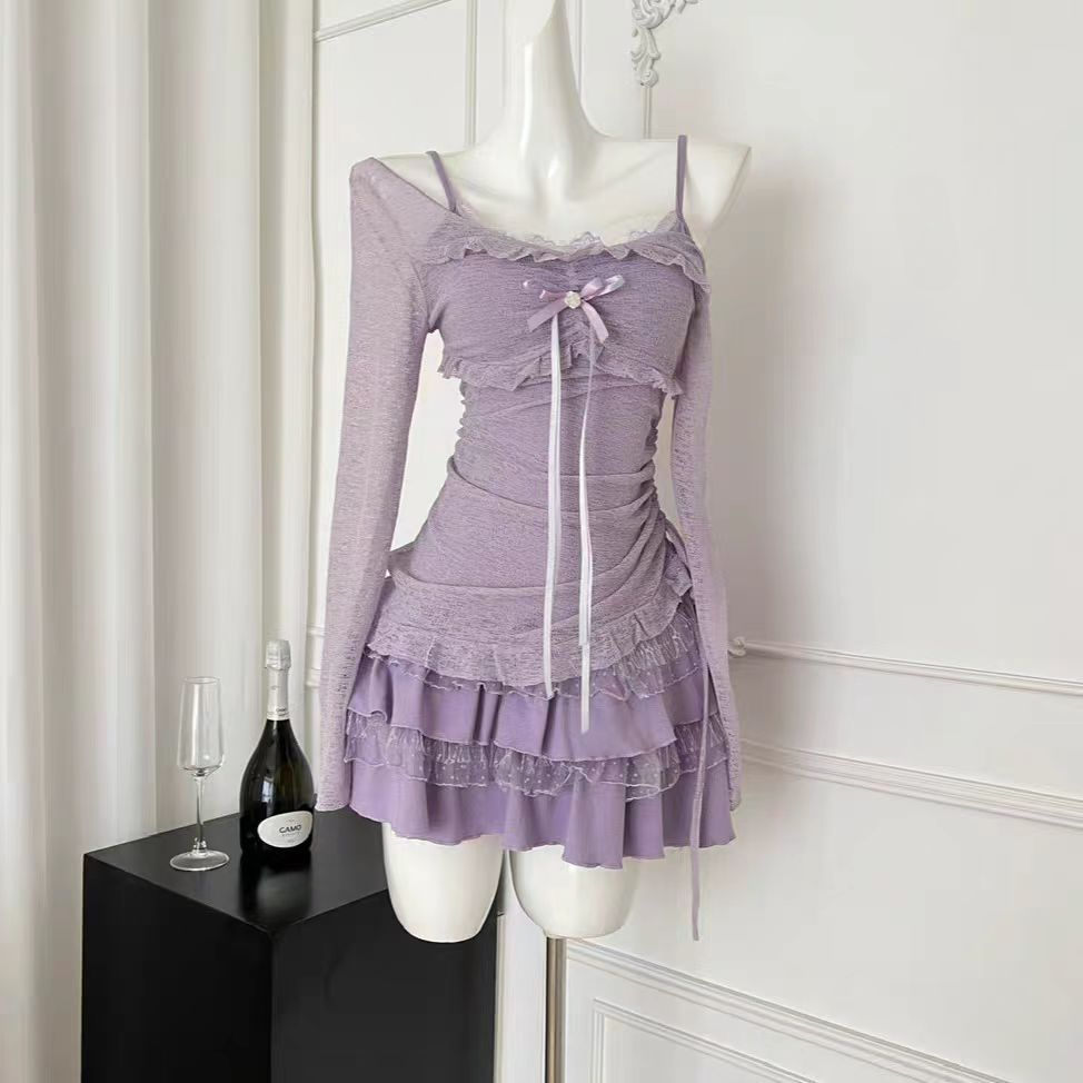 Ensemble 2 pièces pour femmes, Mini jupe, manches longues, Coquette, hauts fins, Y2k, Kpop Girl, tenues esthétiques des années 2000, costumes Vintage