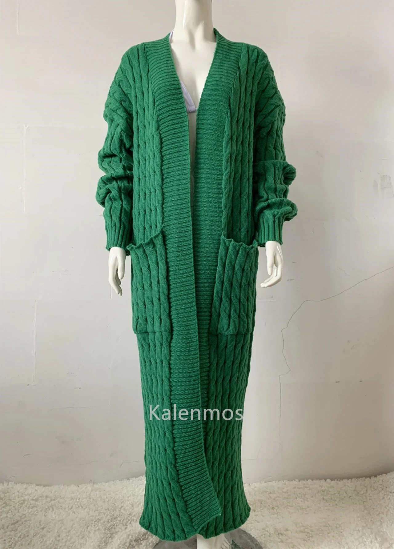 Cardigan Long pour femme, veste tricotée, vert, Crochet, ample, manches longues, pull chaud, décontracté, automne hiver