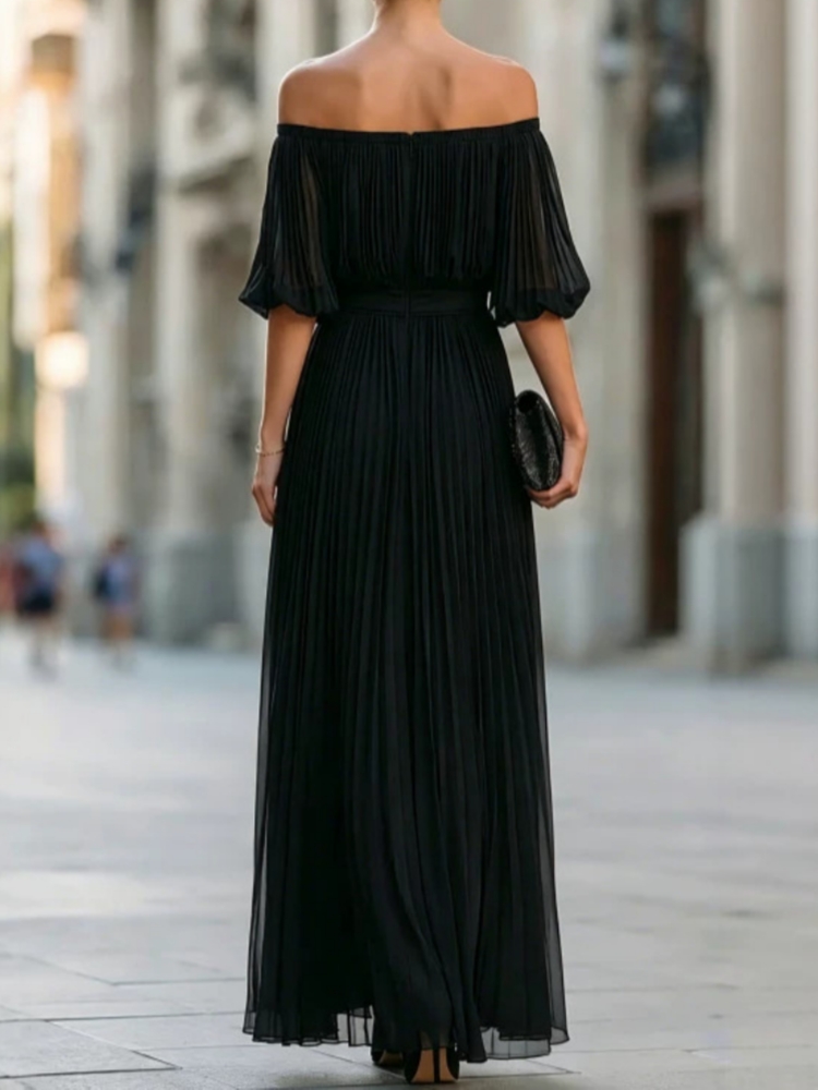 Robe longue élégante pour femme, en mousseline, épaules dénudées, sexy, froncée, avec fente, jupe fluide, pour soirée et fête
