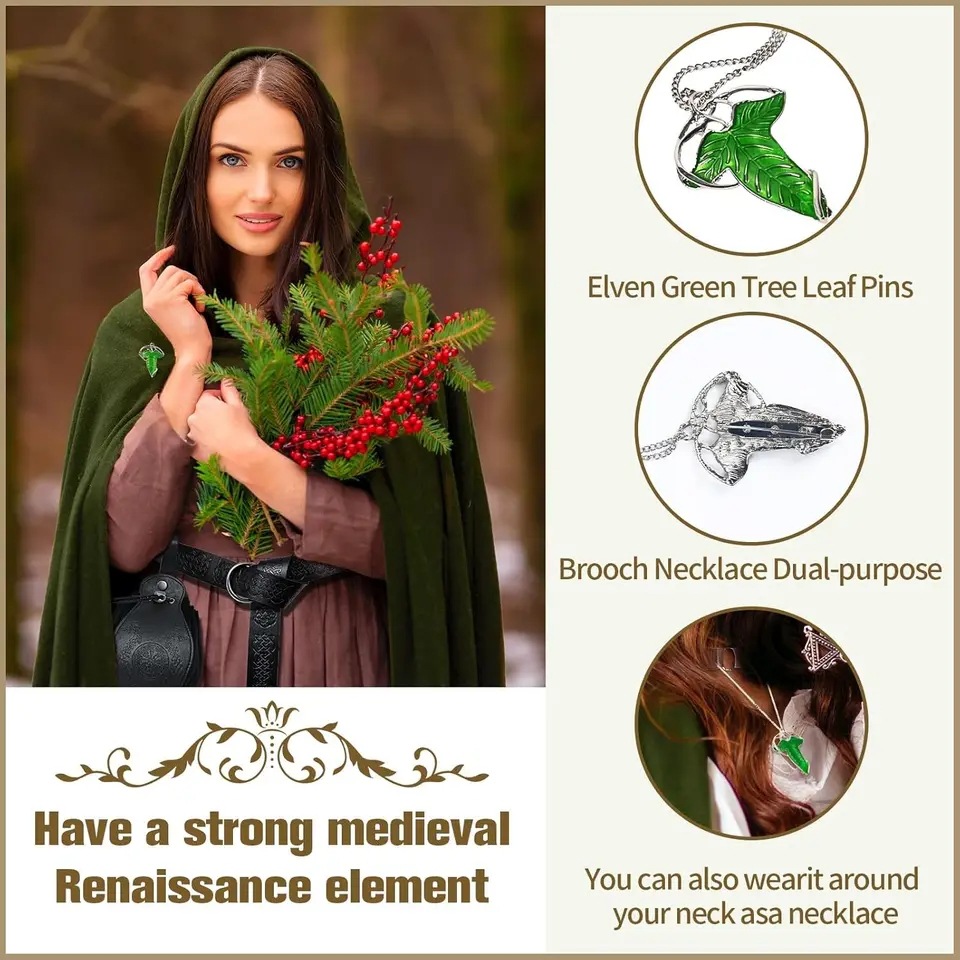 Cape médiévale verte à capuche avec broche feuille et collier, ensemble vintage d'elfe ranger, cape de cosplay Halloween Renaissance pour adulte