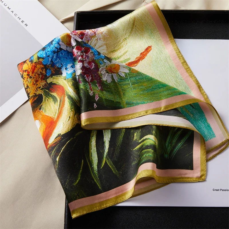 Foulard carré en soie vert or-Vermeil, écharpe en soie pour femmes, à la mode, polyvalent, imprimé Floral, cadeau pour maman, printemps automne