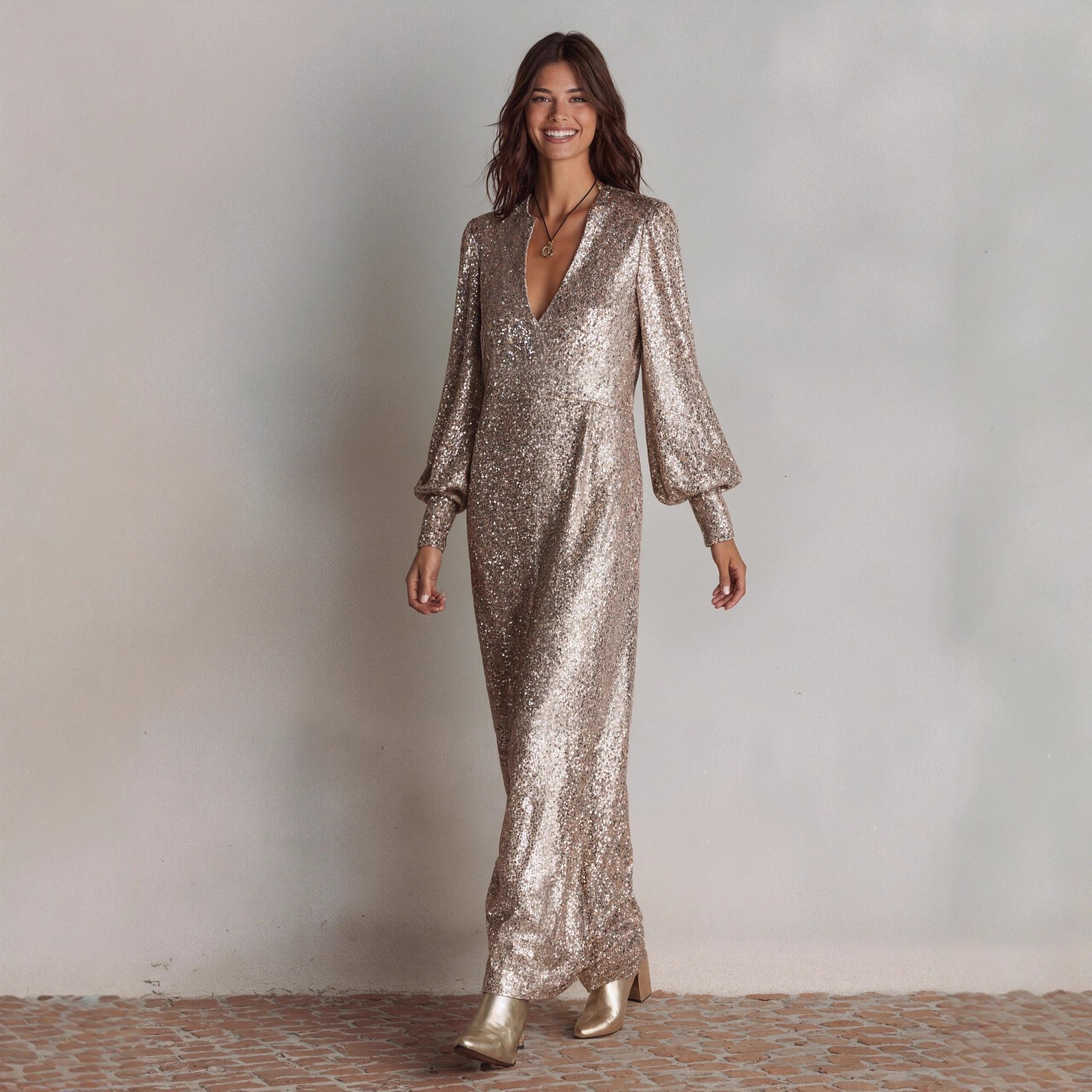 Robe élégante à paillettes pour femmes, fente latérale, manches longues, col en v, ample, Maxi, robes de soirée décontractées, automne hiver 2025