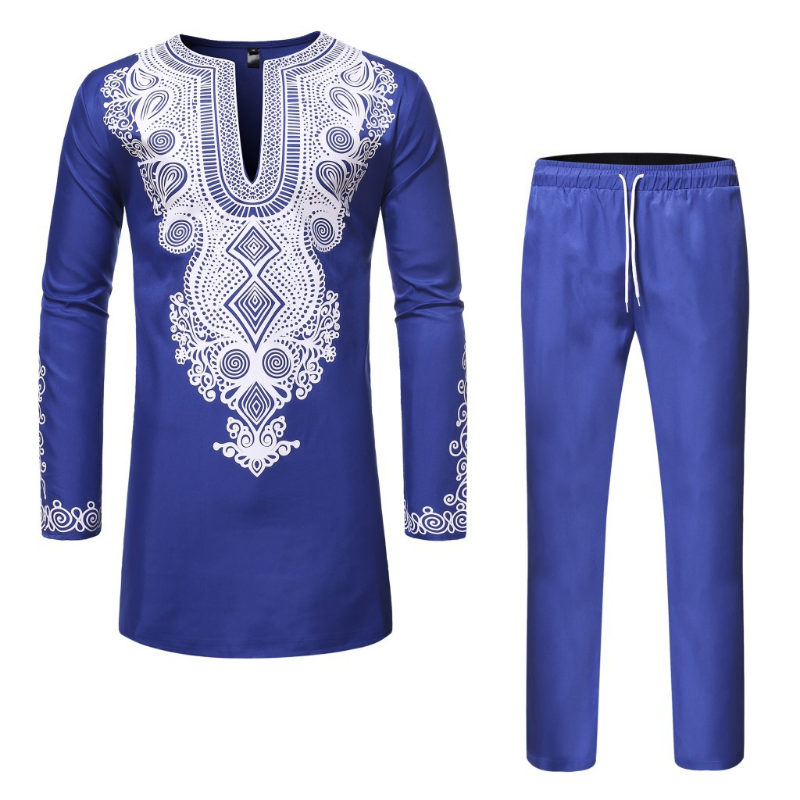 Ensemble chemise et pantalon Dashiki pour homme africain, imprimé métallique, hauts à manches longues, tunique, col en V, vêtements traditionnels assortis, pantalon