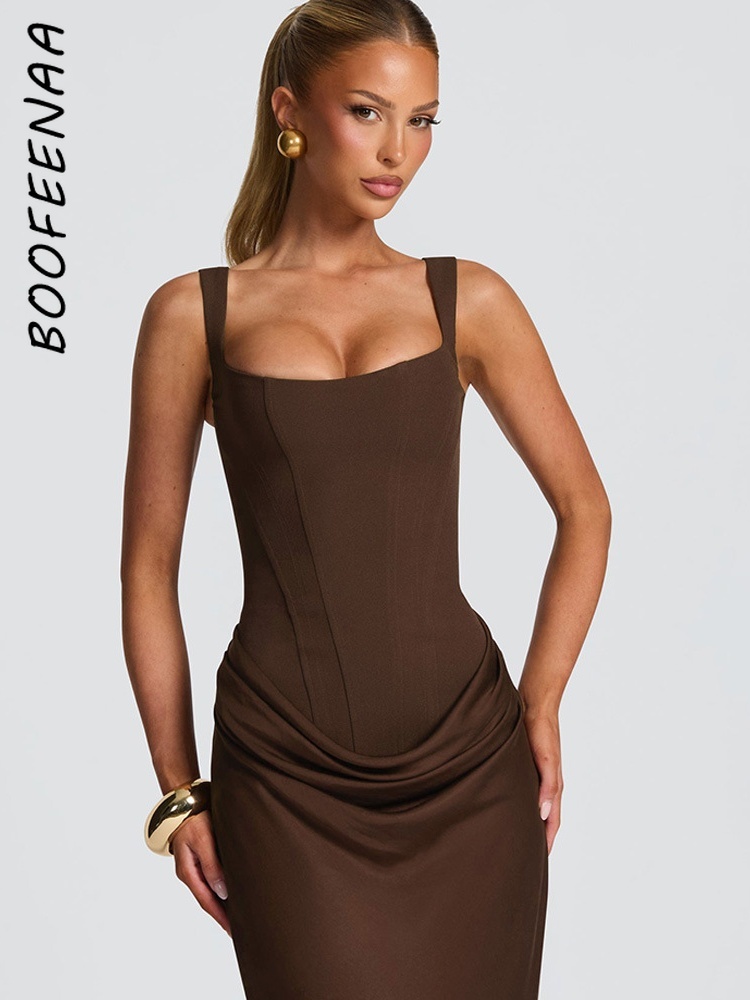 BOOFEENAA – robe longue style Corset, col carré, sans manches, dos nu, robe de soirée blanche sexy, robe de soirée élégante pour femme, C0-EF30