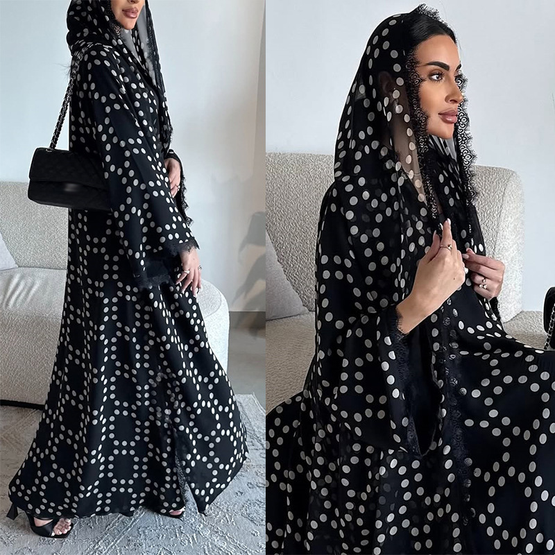Nouvelle Abaya Cardigan en Chiffon à Pois pour Femmes du Moyen-Orient avec Voile et Dentelle, Robe Longue Tendance