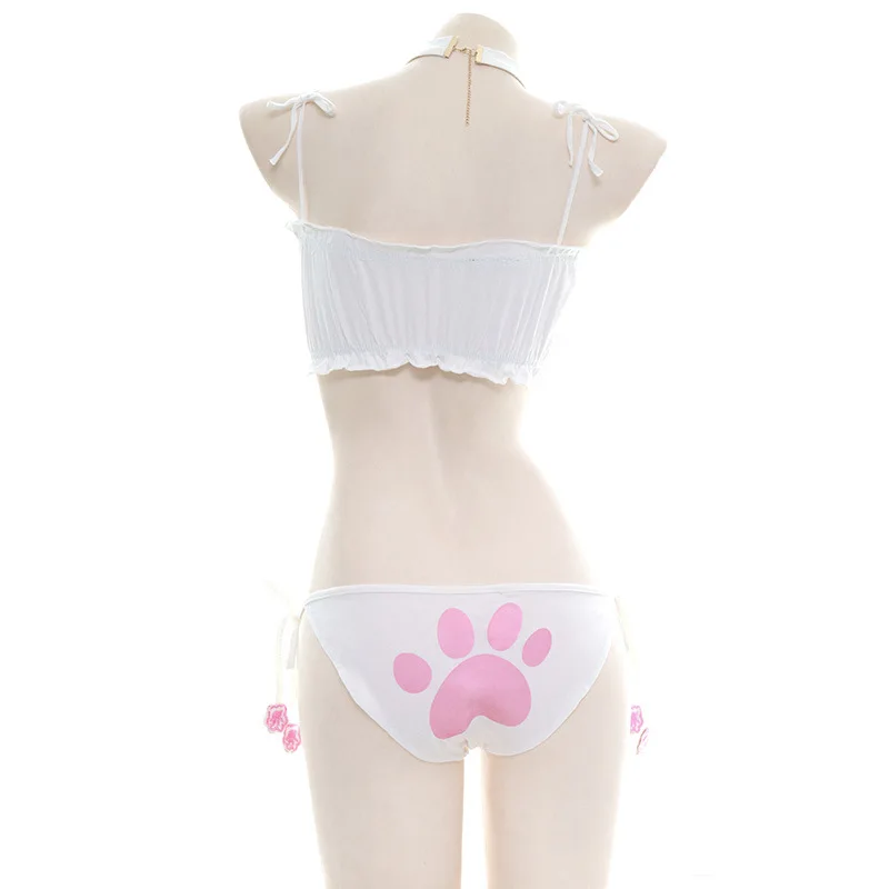 Maillot de bain patte de chat mignon pour filles, costume de plage, mini jolis chats, cloche, uniforme de cosplay, soutien-gorge creux