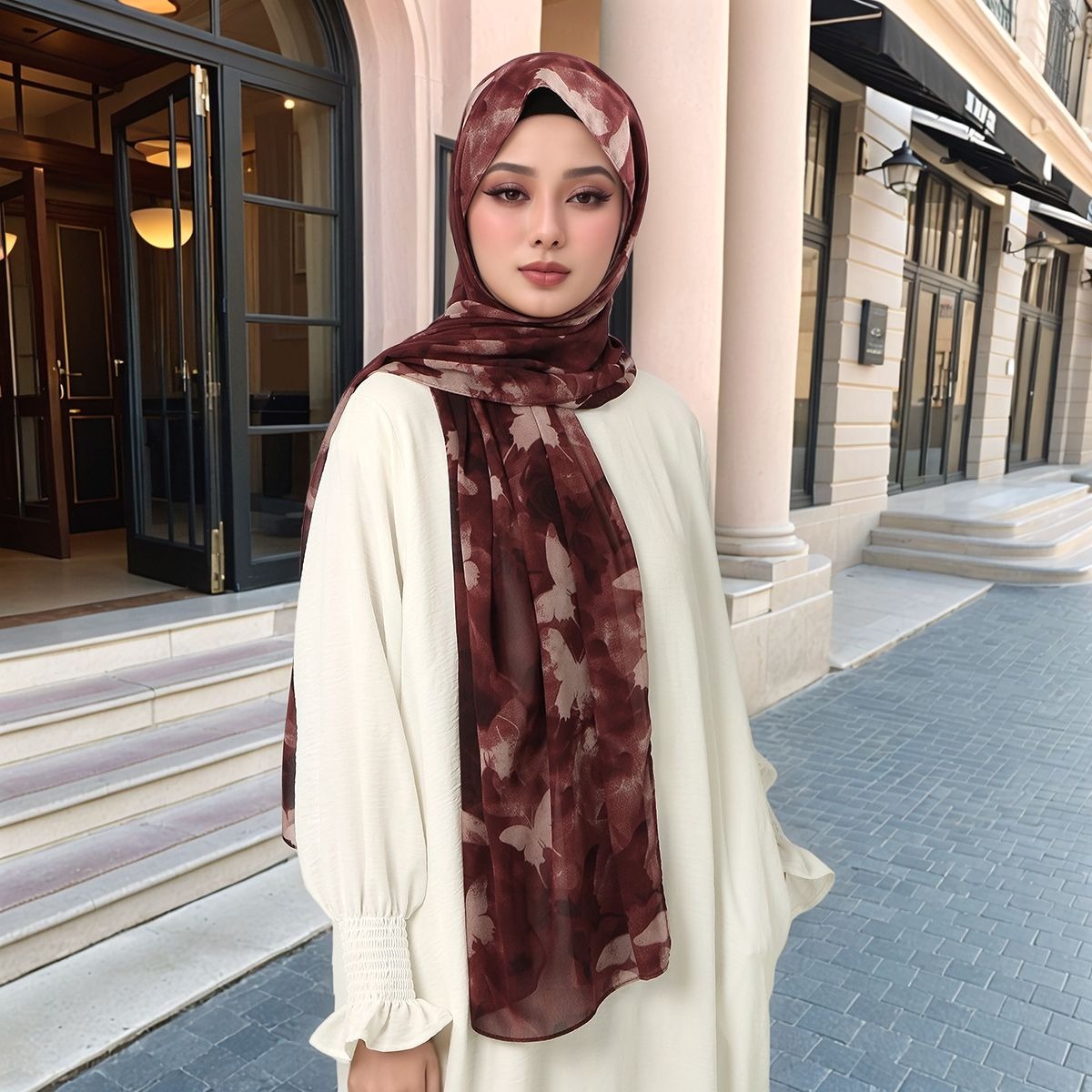 Foulard Hijab en mousseline de soie imprimé papillon pour femme musulman Hijabs châle mode longues enveloppes impression bandeau ethnique Islam Turban