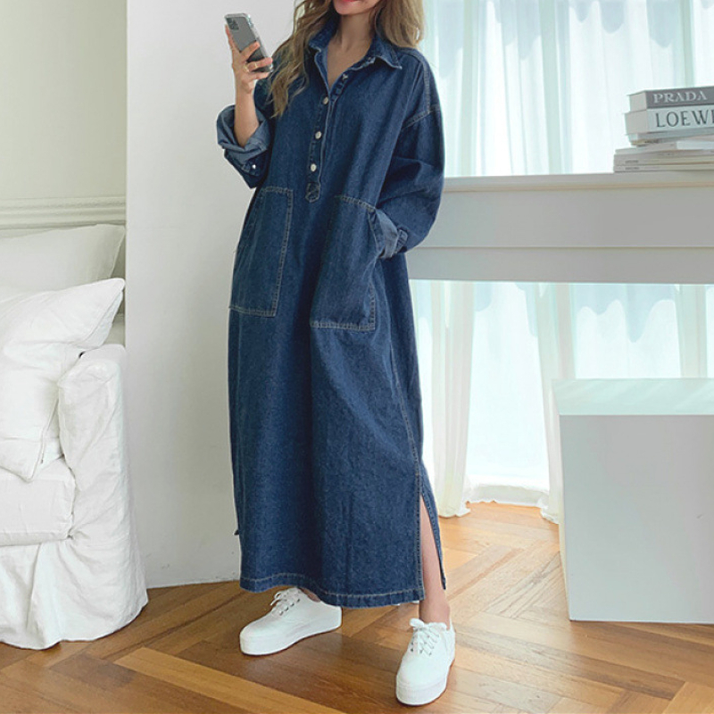 Robe longue en Denim pour femmes, col rabattu, ligne A, Maxi maman, jean, Streetwear, décontracté, ample, Y2k, fête, été 2025