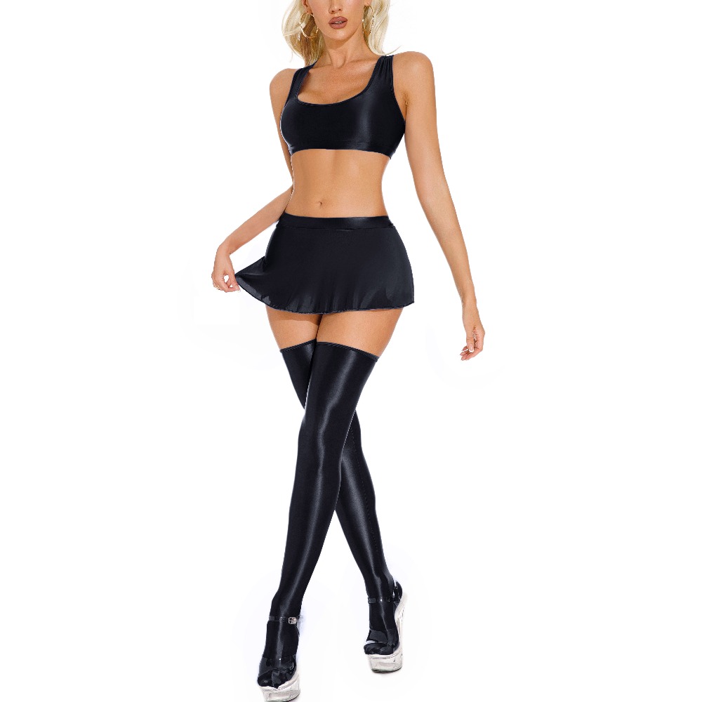 Ensembles de vêtements unis et lisses pour femmes, costumes de spectacle de danse sexy pour filles, mini-jupes brillantes + hauts courts + bas