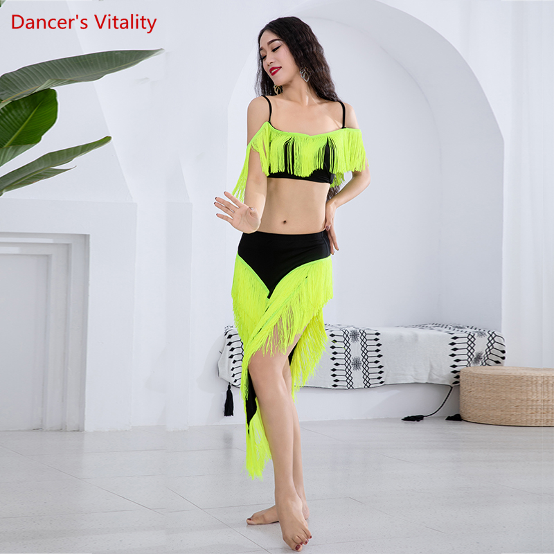 Ensemble de costumes de spectacle de danse du ventre pour femmes et enfants, haut à franges + jupe longue à franges, 2 pièces, tenue de danse du ventre pour filles
