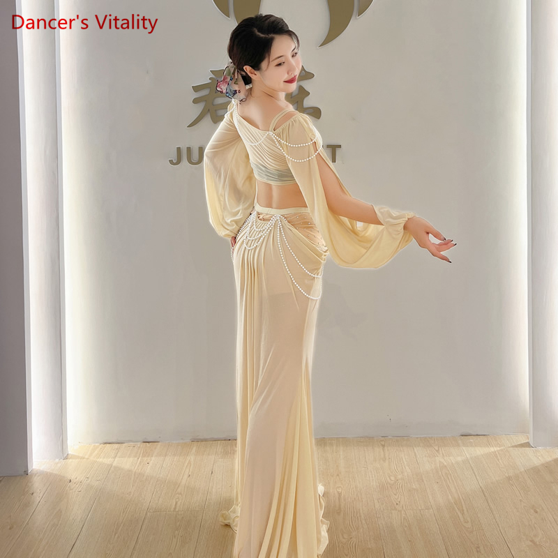 Vêtements de danse du ventre en maille pour femmes, haut à manches perles + jupe longue, ensemble de Costumes Oriental pour filles, tenue d'entraînement féminine, 2 pièces