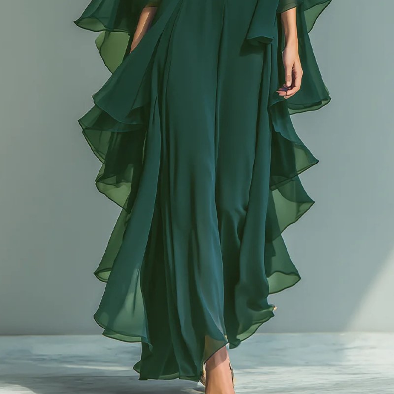 Ensemble deux pièces bohème pour femme : chemise en mousseline bleu marine à manches cloche et pantalon droit à volants – Tenue tendance